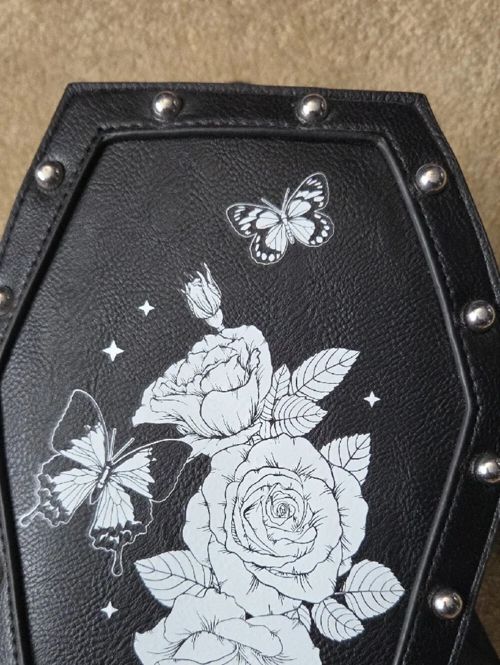 Black Coffin-Shaped Crossbody Bag with White Rose & Butterfly Print